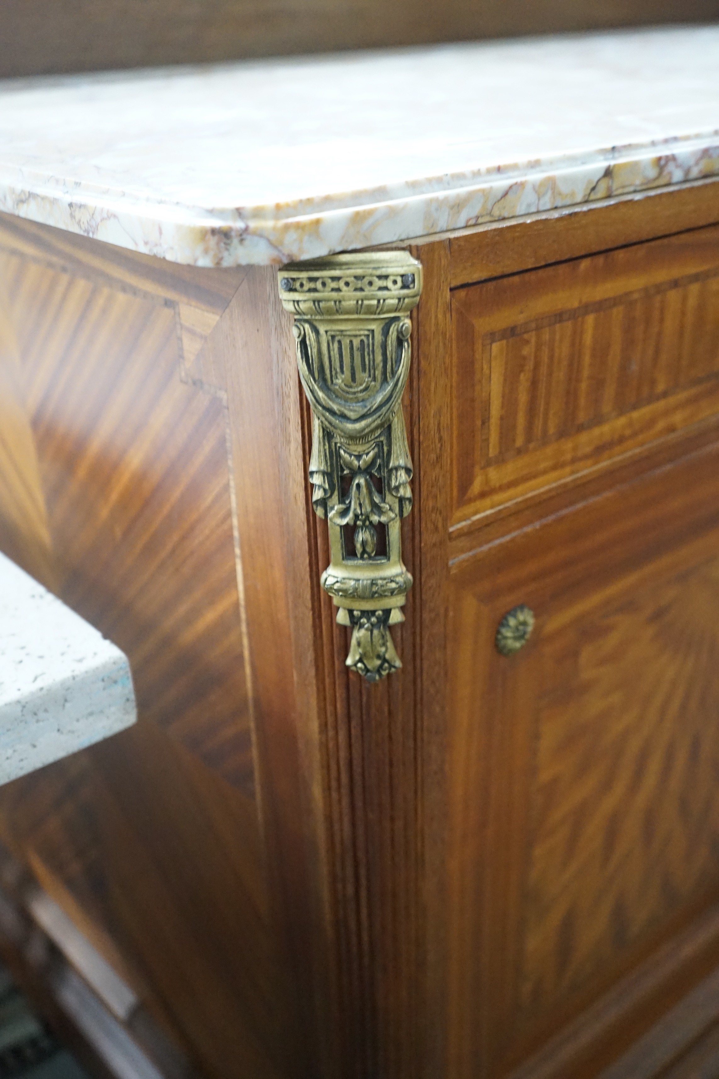 An early 20th century French marble topped mirrored back side cabinet, width 126cm, depth 58cm, height 184cm